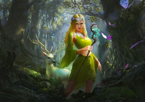 Forest Fairy, girl, digital, woman, deer, fairy, art, forest, bonito ...