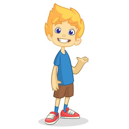 Cute Cartoon Blonde Boy Waving And Smiling Stock Illustration - Download Image Now - iStock
