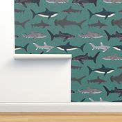 shark // sharks boys green ocean water Wallpaper | Spoonflower