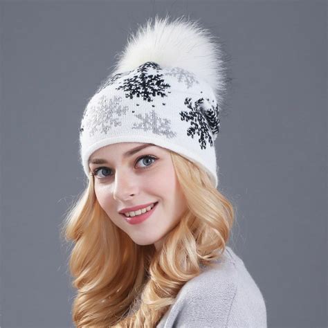 Winter Pom Pom Hat For Women Fur Snowflake Knitted Ski Cap Warm Beanie Wool Xmas - Hats