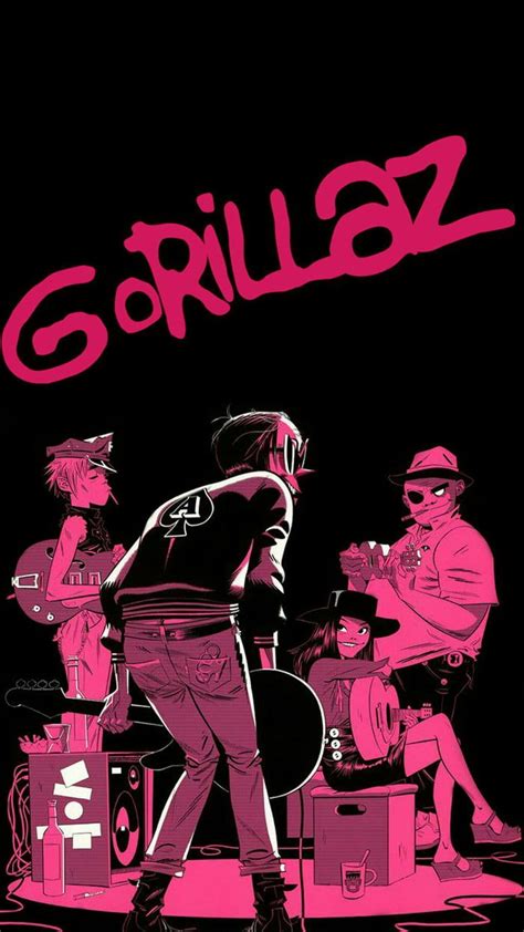 the poster for gorillaz is shown in pink and black