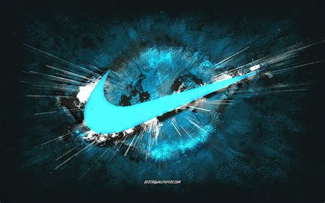 Nike logo, grunge art, light blue stone background, Nike light blue ...