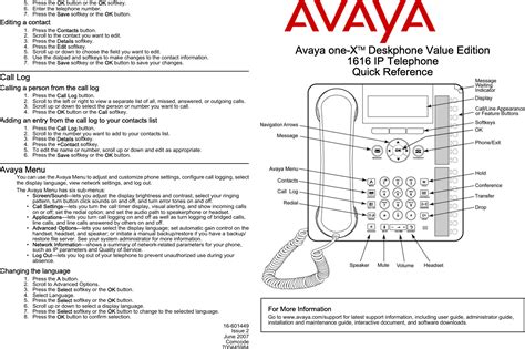 Avaya One X Deskphone Value Edition 1616 Users Manual IP Telephone Quick Reference