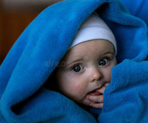 Portrait of Beautiful Blue-eyed Baby Wrapped in To the Blue Blanket. Stock Image - Image of open ...
