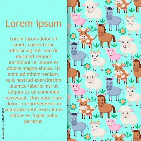 Farm animals seamless pattern. Collection of cartoon cute baby animals. Cow, sheep, goat, horse ...