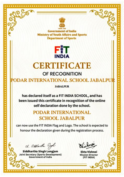 Podar International School ,Jabalpur declared as a FIT INDIA SCHOOL by ...