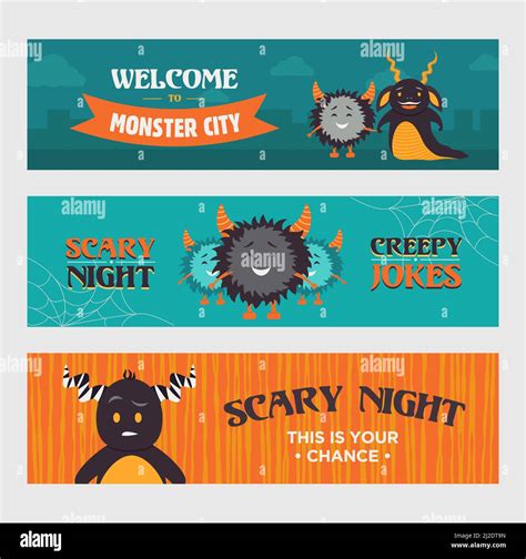 Modern banner designs with furry monsters. Welcome to monster city banners for party. Halloween ...