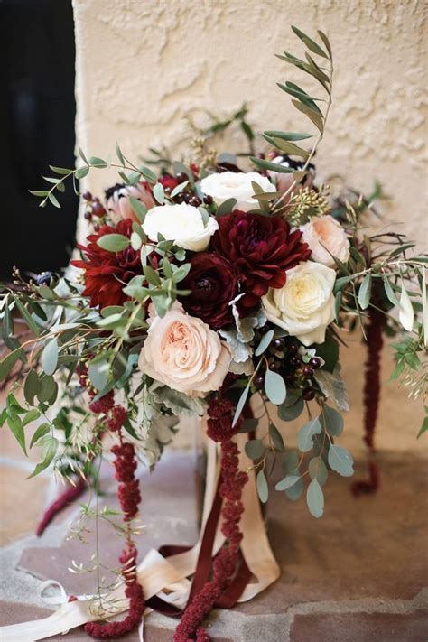 fall burgundy flowers and seeded eucalyptus wedding bouquet | Deer ...