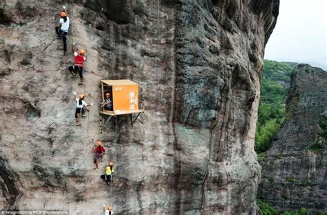 Shiniuzhai National Geological Park opens a cliffside shop at 330ft for rock climbers to buy ...