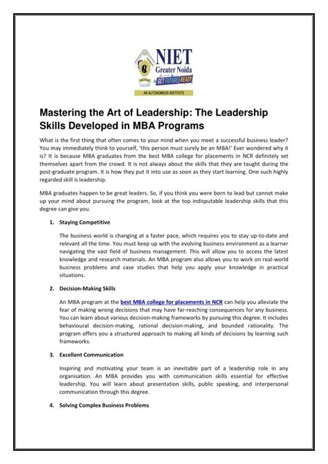 PPT - Mastering the Art of Leadership: The Leadership Skills Developed in MBA Programs ...