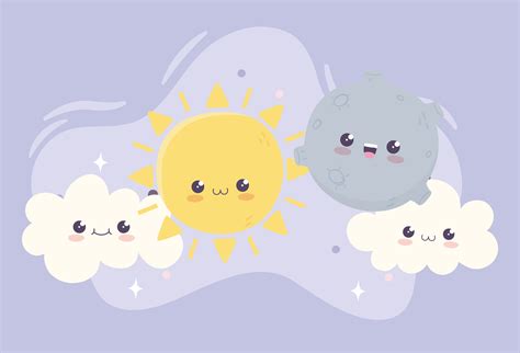 cute sun moon and clouds kawaii cartoon character 4156870 Vector Art at ...