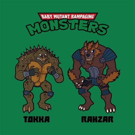 two cartoon monsters with the words baby mutant rampping monsters in front of each other