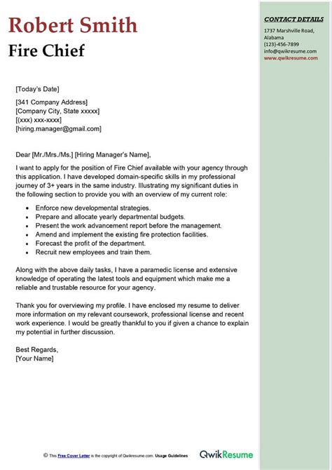 Fire Chief Cover Letter Examples - QwikResume