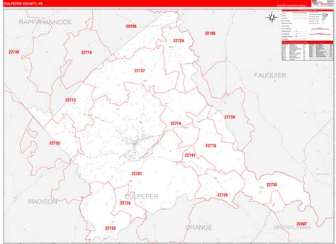 Culpeper County, VA Zip Code Wall Map Red Line Style by MarketMAPS - MapSales