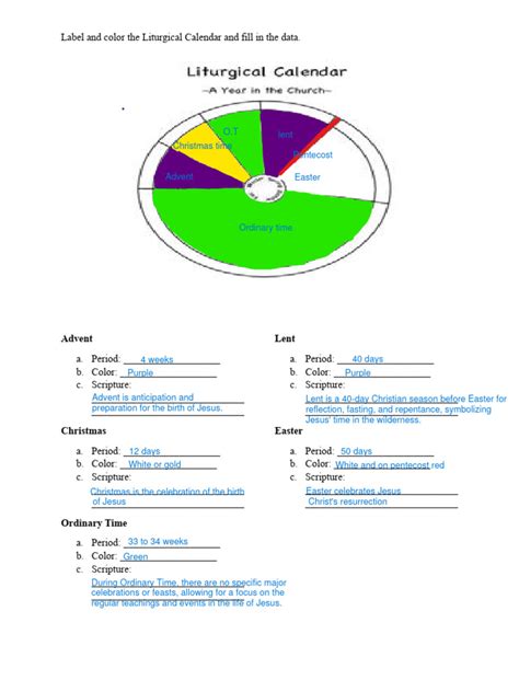 Liturgical Calendar Worksheet | PDF | Liturgical Year | Observances