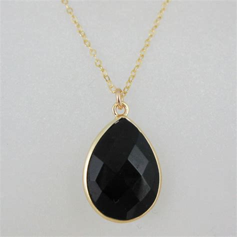 Bezel Gemstone Tear Pendant Necklace - Gold Plated Chain - Black Onyx ...