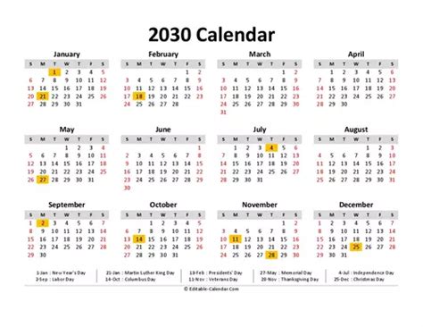 2030 Calendar with US holidays, Editable in Excel, Word, PDF