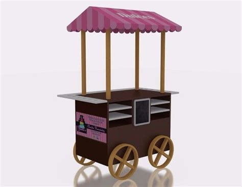 an ice cream cart with pink awning and wheels on the front, is shown