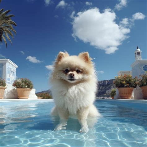Pomeranian Dog in Swimming Pool with Blue Sky and White Clouds Stock Illustration - Illustration ...