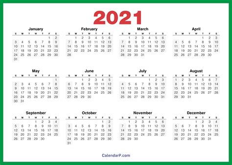 2021 Calendar Printable Free, HD – Green – CalendarP | Printables