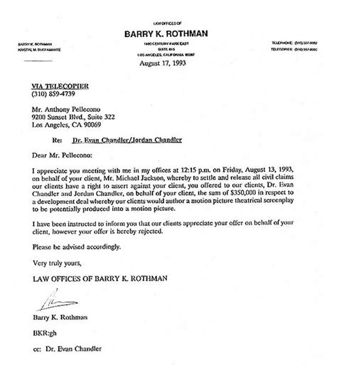 Letter from Evan Chandler's lawyer rejecting $350,000 offer from ...