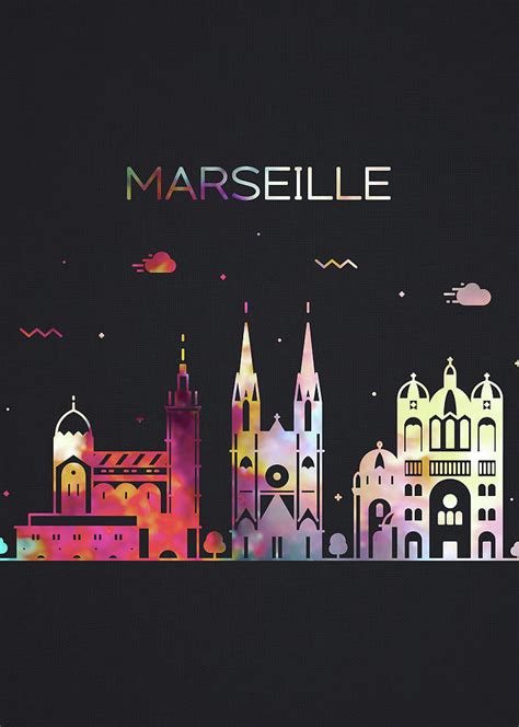 Marseille France City Skyline Whimsical Fun Tall Dark Series Mixed ...