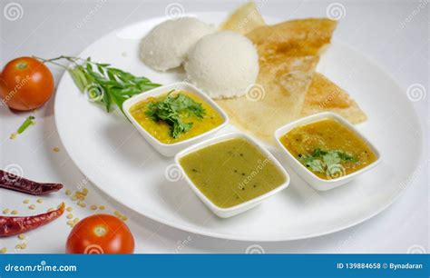 Dosa, Idli with Sambar and Dal in White Background for Indian Dinner or ...