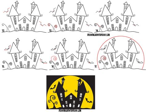 How to Draw a Cartoon Haunted House Step by Step in Silhouette with ...