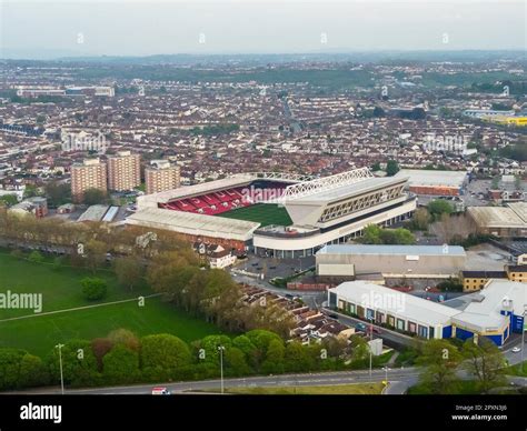 General view from the air of Ashton Gate Stadium at Bristol, UK, home of Bristol City FC and ...