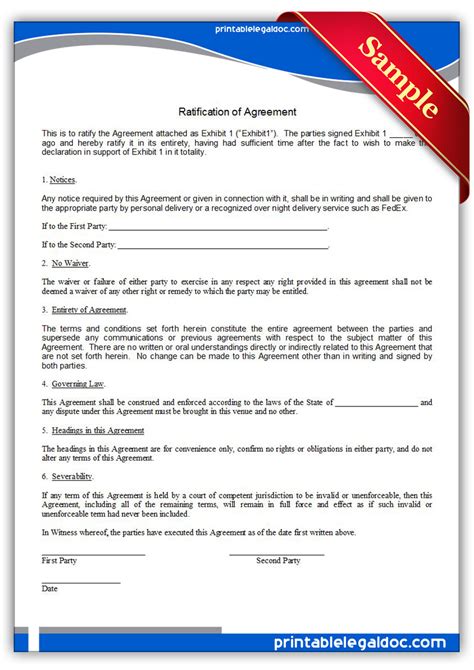 Free Printable Ratification Of Agreement Form (GENERIC)