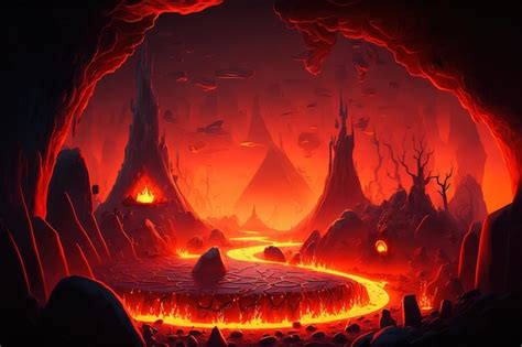 Arena di battaglia all'inferno con lava illustrazione moderna di cartoni animati colorati buona ...