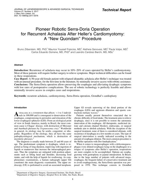 (PDF) Pioneer Robotic Serra-Doria Operation for Recurrent Achalasia After Heller's Cardiomyotomy ...