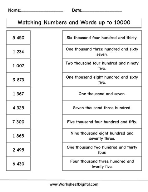 matching numbers and words up to 10000 worksheet - Worksheet Digital