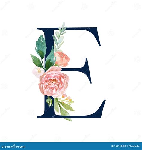 Floral Alphabet - Navy Color Letter E with Flowers Bouquet Composition Stock Illustration ...