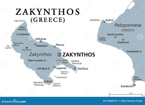 Zakynthos, Zykinthos or Zante, Greek Island, Gray Political Map Stock Vector - Illustration of ...