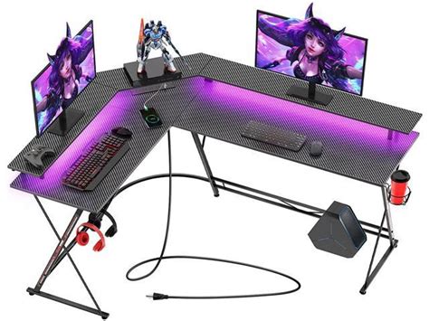 Gaming Desk 58 with LED Strip & Power Outlets, L-Shaped Computer Corner ...