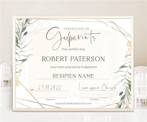 Godparents Baptism Certificate Editable Greenery Baptism - Etsy