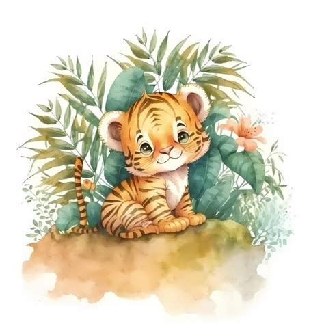 Premium Photo | Cute baby tiger illustration on watercolor painting