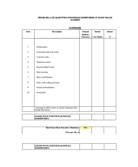 Bill Of Quantities Template – printable schedule template