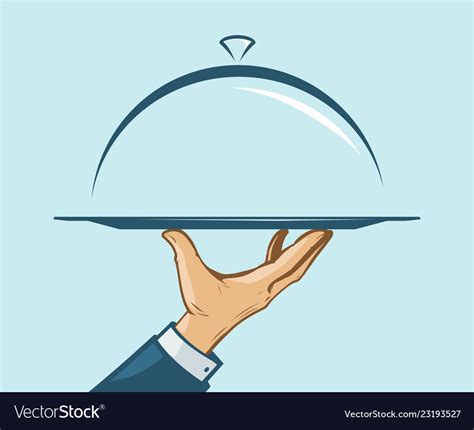 Waiter hand is holding a tray cloche menu Vector Image