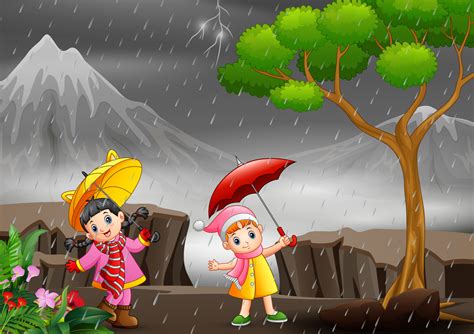 Illustration of Two little girls enjoy rainy day 5708508 Vector Art at Vecteezy