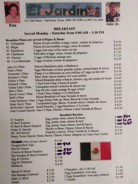 Menu at El Jardin Mexican Cafe, Galveston