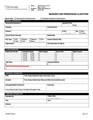 Highmark Casualty Insurance Company Managed Care Reinsurance Claim Form ...