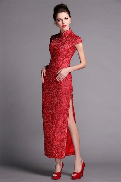 Superb Flower Lace Long Cheongsam Qipao Dress - Claret - Qipao Cheongsam & Dresses - Women