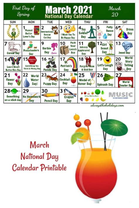 Get your Printable Calendar for March National Days | Calendar activities, National holiday ...