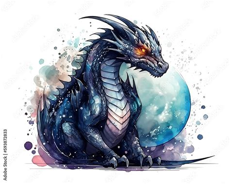 Drawn illustration of an epic blue dragon with glowing orb, dark ...