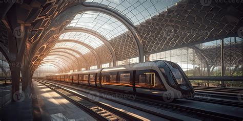 Futuristic train Transport infrastructure panorama, people waiting for train on railway station ...