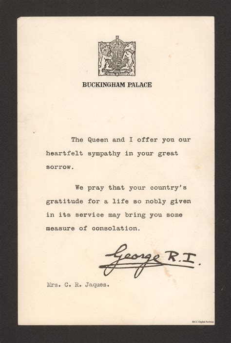 Consolation letter from Buckingham Palace · IBCC Digital Archive