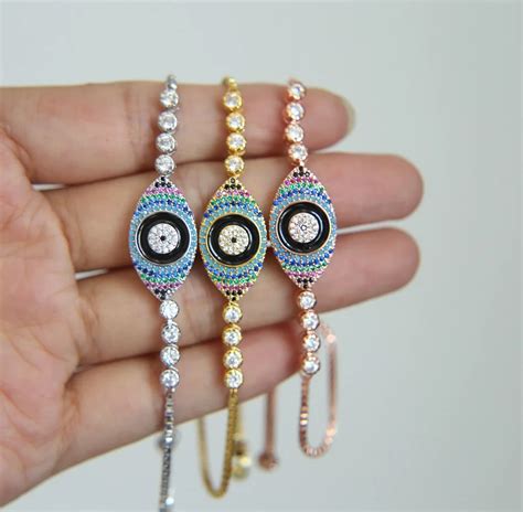 wholesale turkish evil eye jewelry black enamel rainbow color adjust box chain tennis gold color ...