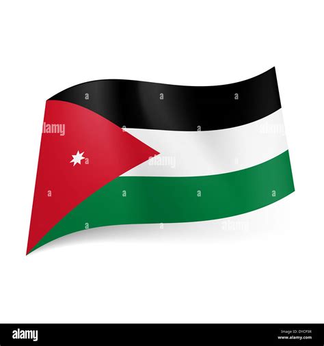 National flag of Jordan: black, white and green horizontal stripes, red triangle with white star ...